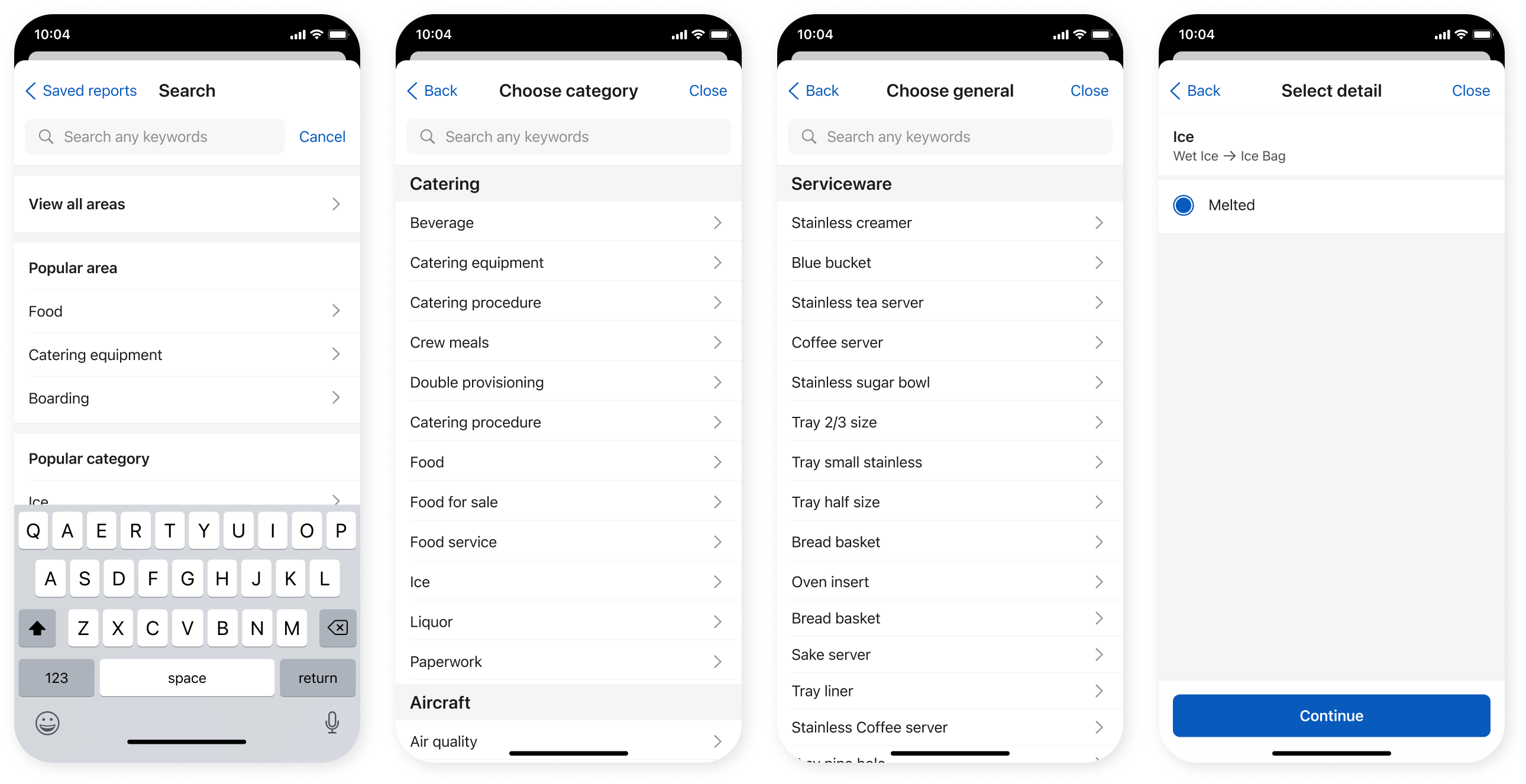 Four original classification screens, left to right: Area level, Category level, General level, and Detail level