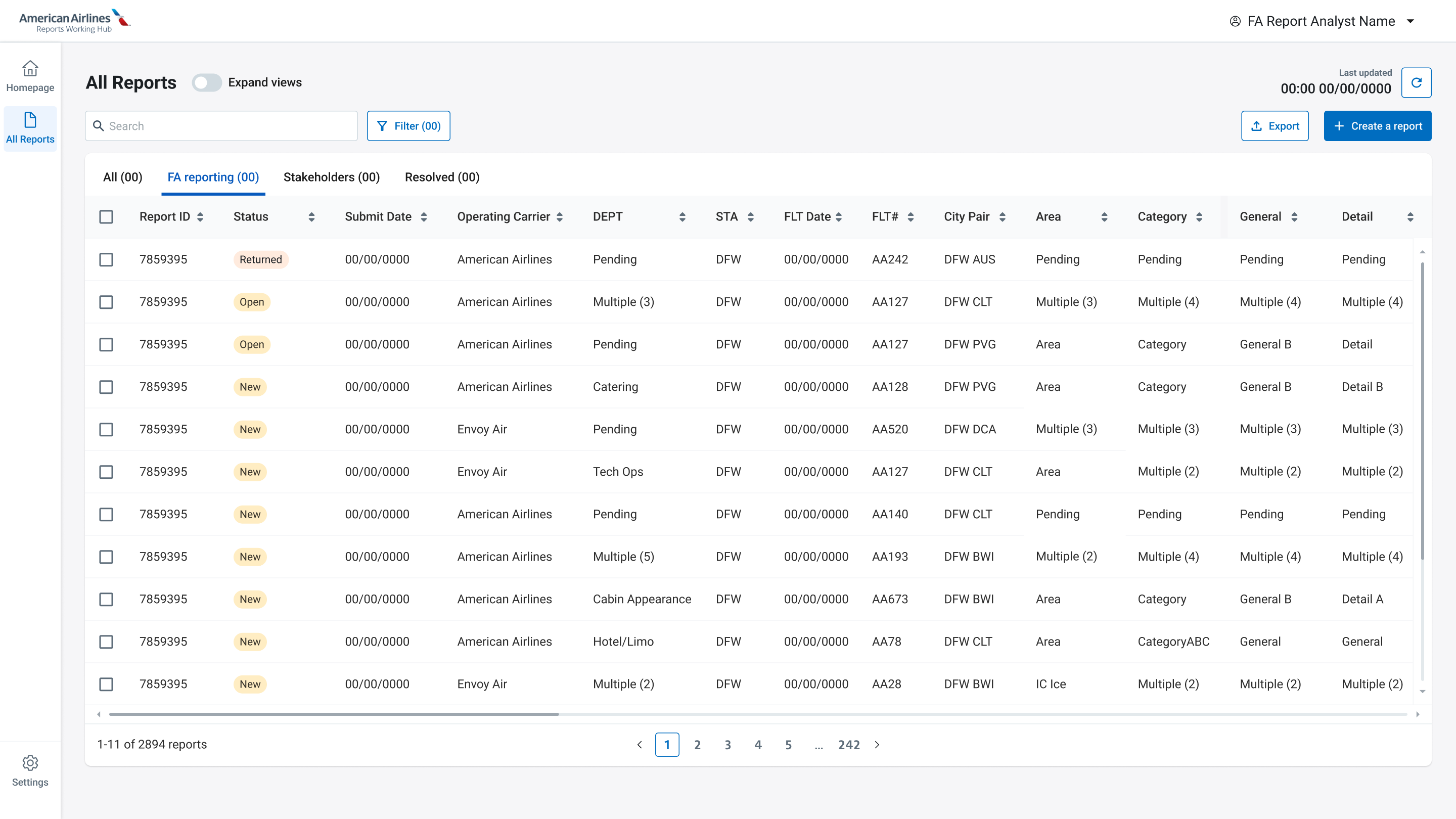 All Reports workspace with searchable, filterable report table