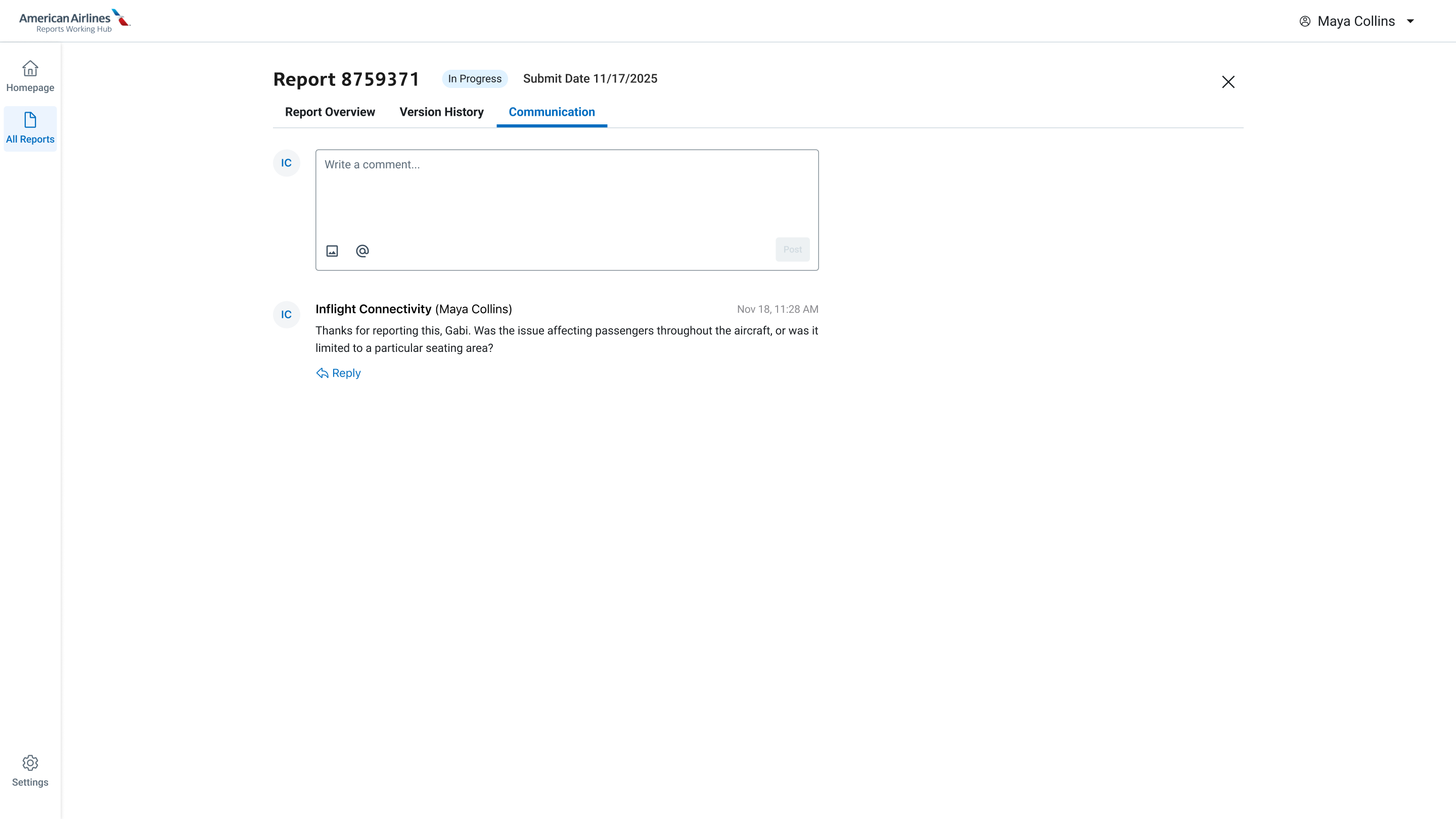 Operations report communication thread