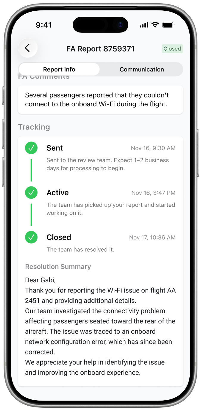 Flight Attendant report tracking and resolution summary