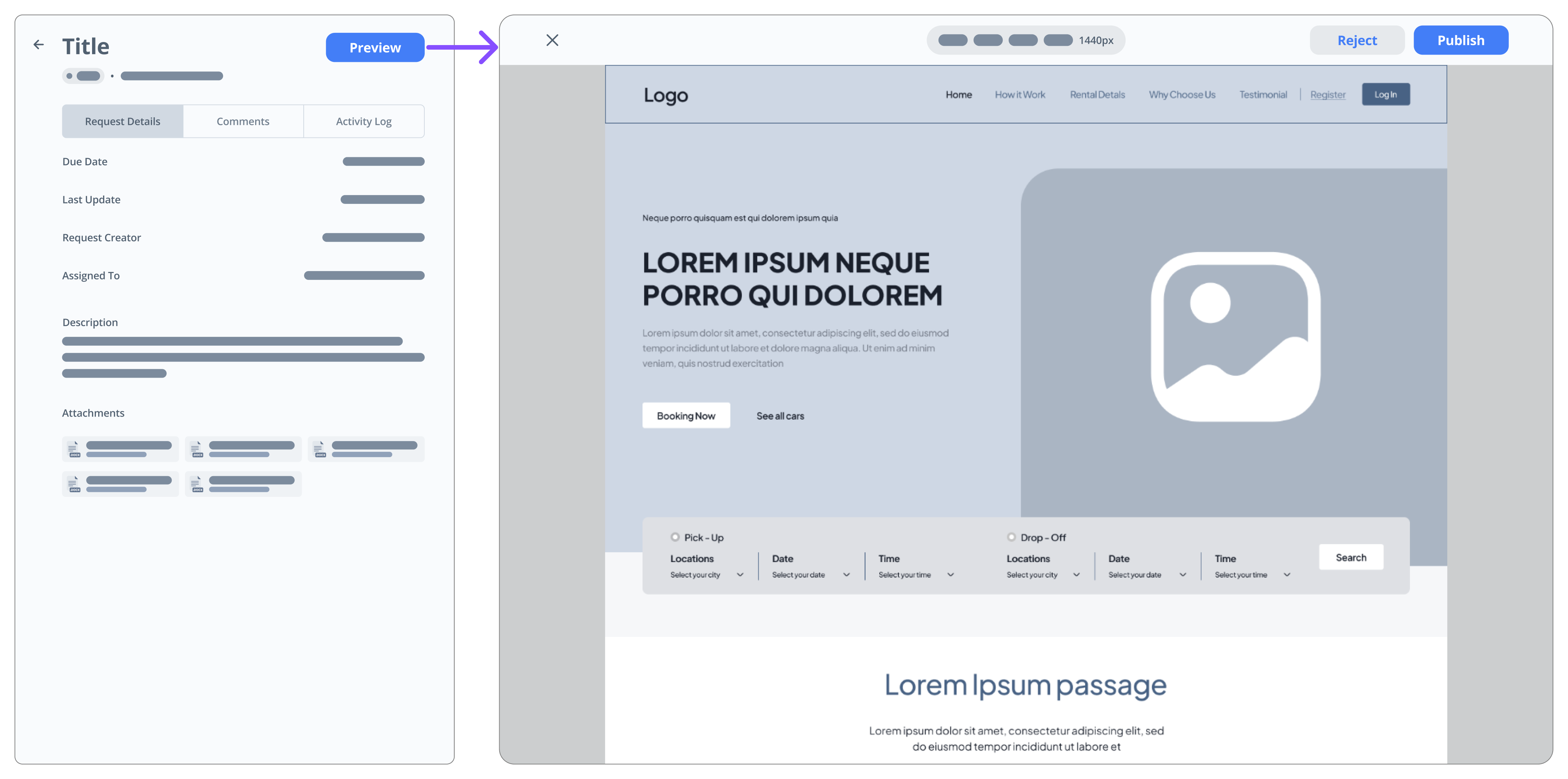 Final QA interface with approval inside the page preview