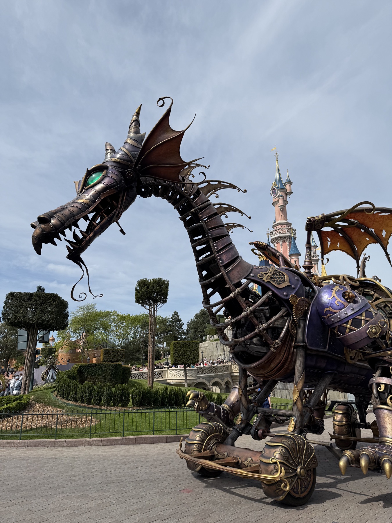 Maleficent's mechanical dragon in front of the castle at Disneyland Paris