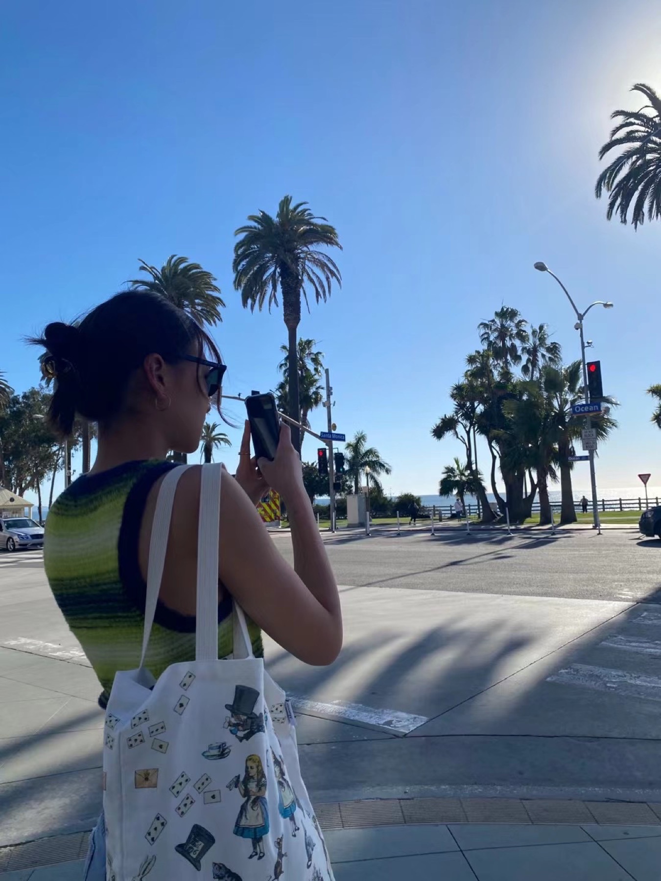 Yiwen photographing palm trees near the ocean in Santa Monica